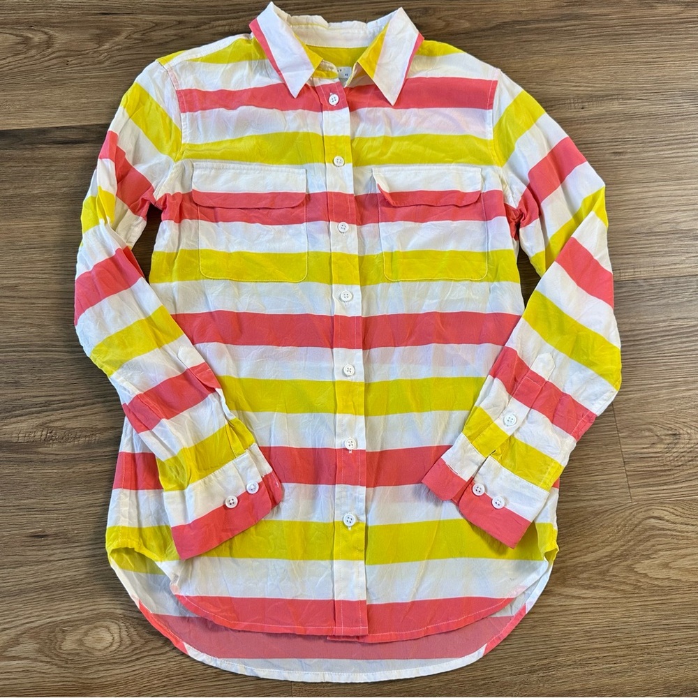 Equipment Femme 100% Silk Button Up Blouse XS Pink Yellow Stripe Long Sleeve Top